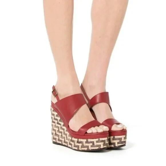 Aquatalia Carmela Sandal Espadrille Wedge Heel Red Leather Buckle Platform 8 - Picture 2 of 10